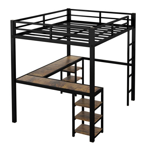 Full Metal Loft Bed With Desk And Shelves, Loft Bed With Ladder And Guardrails, Loft Bed Frame For Bedroom