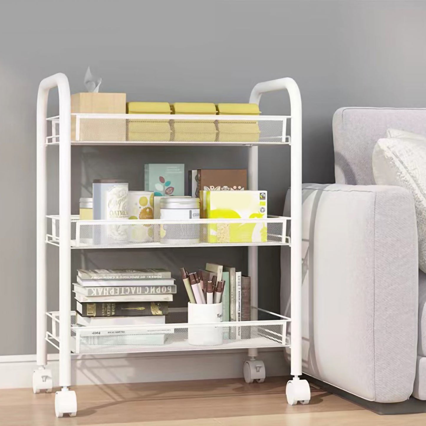 Metal Storage Rack with Wheel Stainless Steel Mobile Utility Cart for Bathroom Kitchen Vegetable White 3 Layers