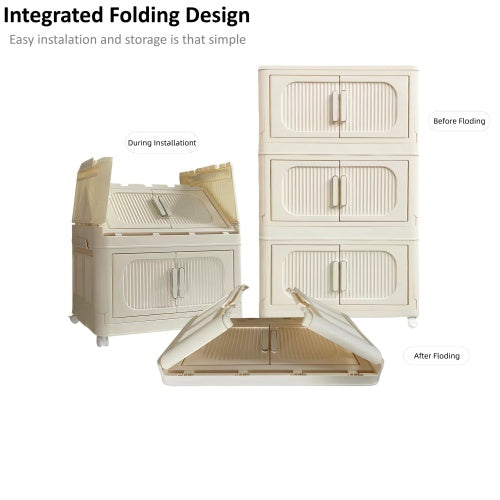 Cream White,19.69 Side Wide Folding Storage Cabinet ,4 Tiers,19.69x11.81x40.55,Collapsible Storage Bins With Magnetic Door, Plastic Storage Cabinet With Wheels
