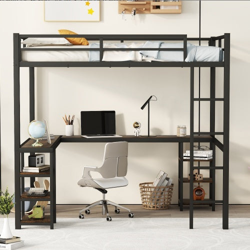 Full Metal Loft Bed With Desk And Shelves, Loft Bed With Ladder And Guardrails, Loft Bed Frame For Bedroom