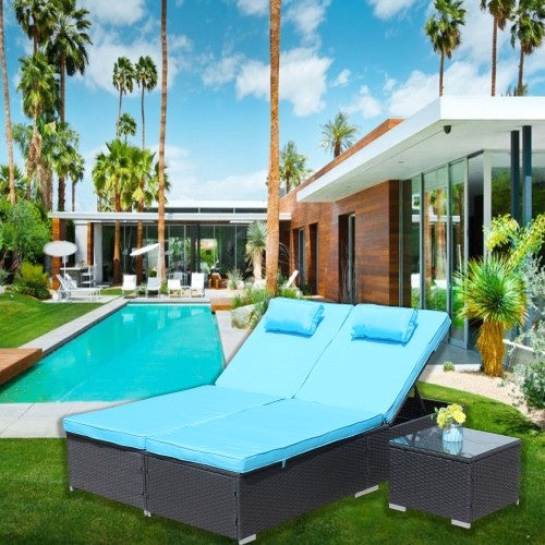 3-Piece Outdoor Patio Furniture Set Chaise Lounge, Patio Reclining Rattan Lounge Chair Chaise Couch Cushioned With Glass Coffee Table, Adjustable Back And Feet, Lounger Chair For Pool Garden, Blue