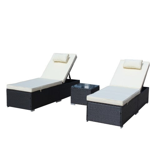 3-Piece Outdoor Patio Furniture Set Chaise Lounge, Patio Reclining Rattan Lounge Chair Chaise Couch Cushioned With Glass Coffee Table, Adjustable Back And Feet, Lounger Chair For Pool Garden, Beige
