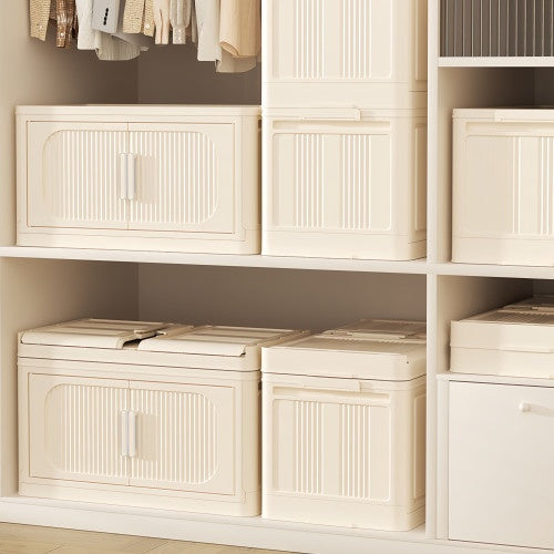 Cream White,19.69 Side Wide Folding Storage Cabinet ,4 Tiers,19.69x11.81x40.55,Collapsible Storage Bins With Magnetic Door, Plastic Storage Cabinet With Wheels