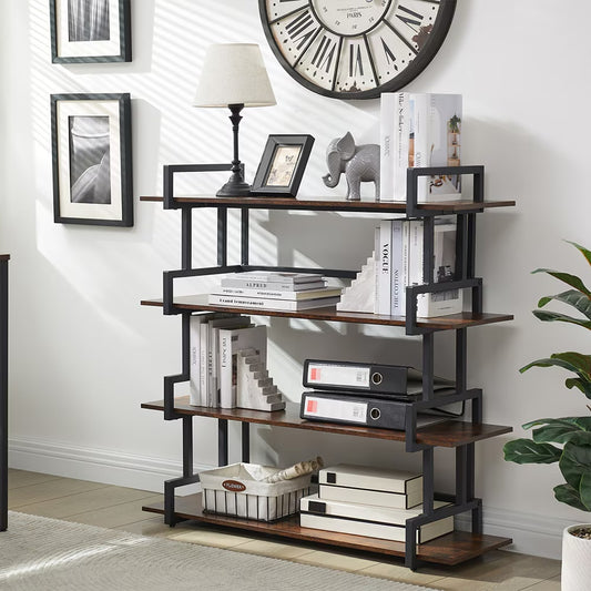 Industrial 4 Tier Bookshelf,Metal And Wood Bookcase,Open Wide Display Storage Bookshelves,for Bedroom,Living Room,Home Office, Easy Assembly